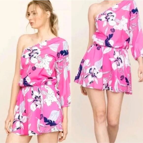 Anthropologie Yumi Kim NEW Pink Eastern Garden Floral One Shoulder Mini Dress L - Picture 1 of 14